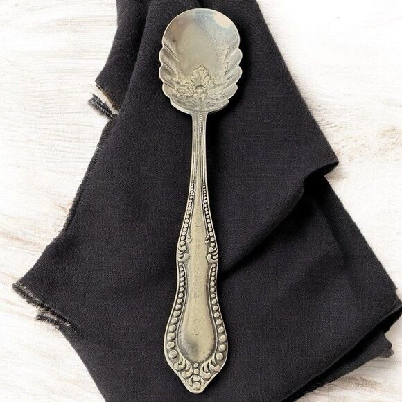 Vintage N.F. Silverplate 1877 Sugar Berry Citrus Serving Spoon 6" Beaded Ornate - Picture 1 of 8